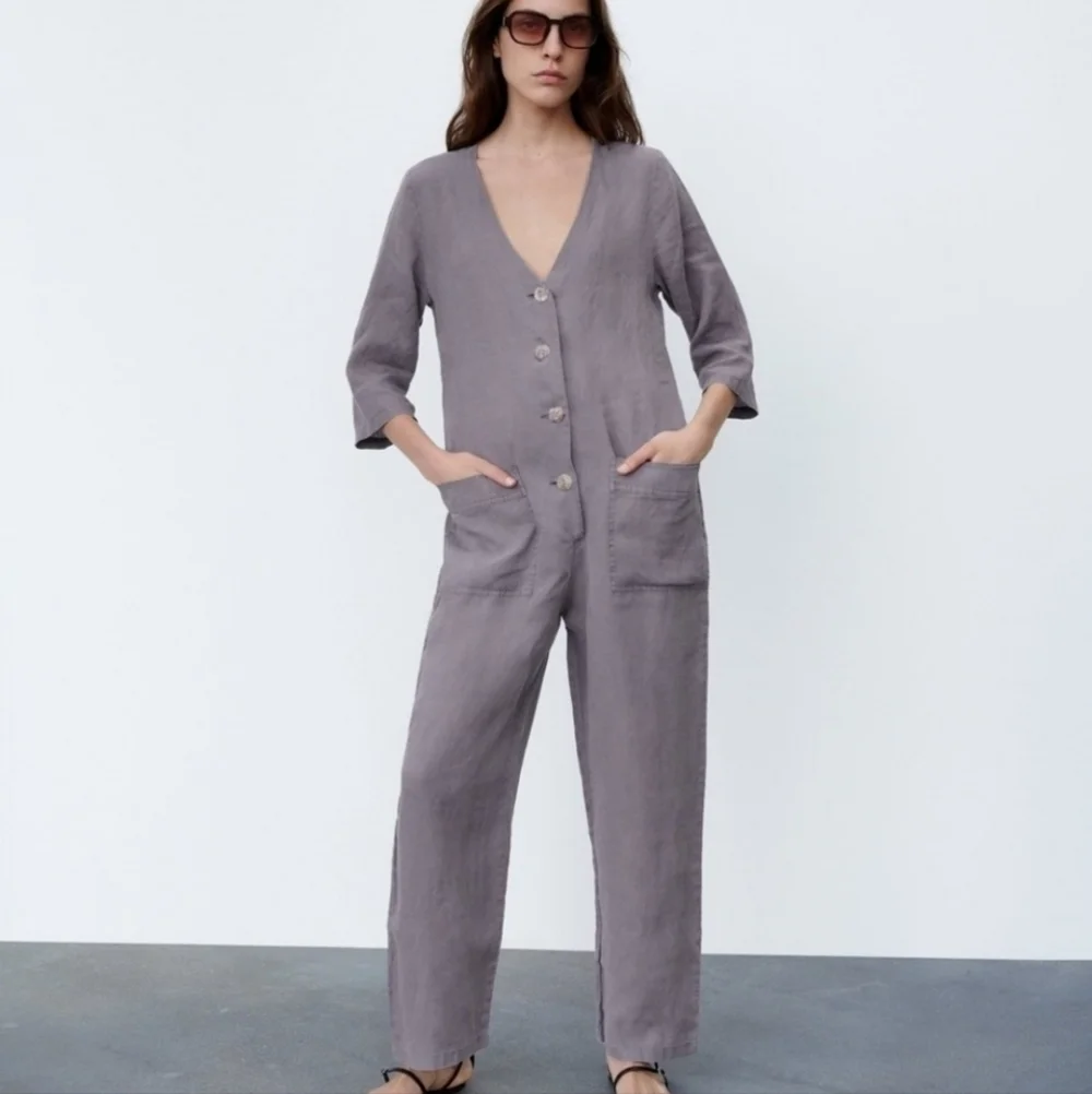 Zara 100% Linen Front Pocket Grey Boiler Jumpsuit  Onesie NWT Size Small